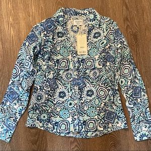 NWT HIHO | Linen Island Heritage Print Button Down blue top shirt XS X-Small